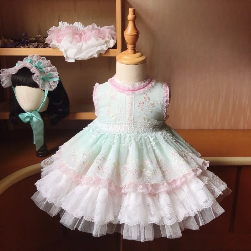 Spanish Kids Dress Mint Green Flower Embroidered Kids Lolita Dress Pink Lace Layered Tulle Skirt Girls Princess Party Costume