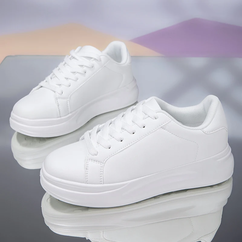 Neue Weiße Damen-Tennisschuhe mit Schnürung Modische Komfort-Sportschuhe aus PU-Leder Lässige Walkingschuhe – Detail 3
