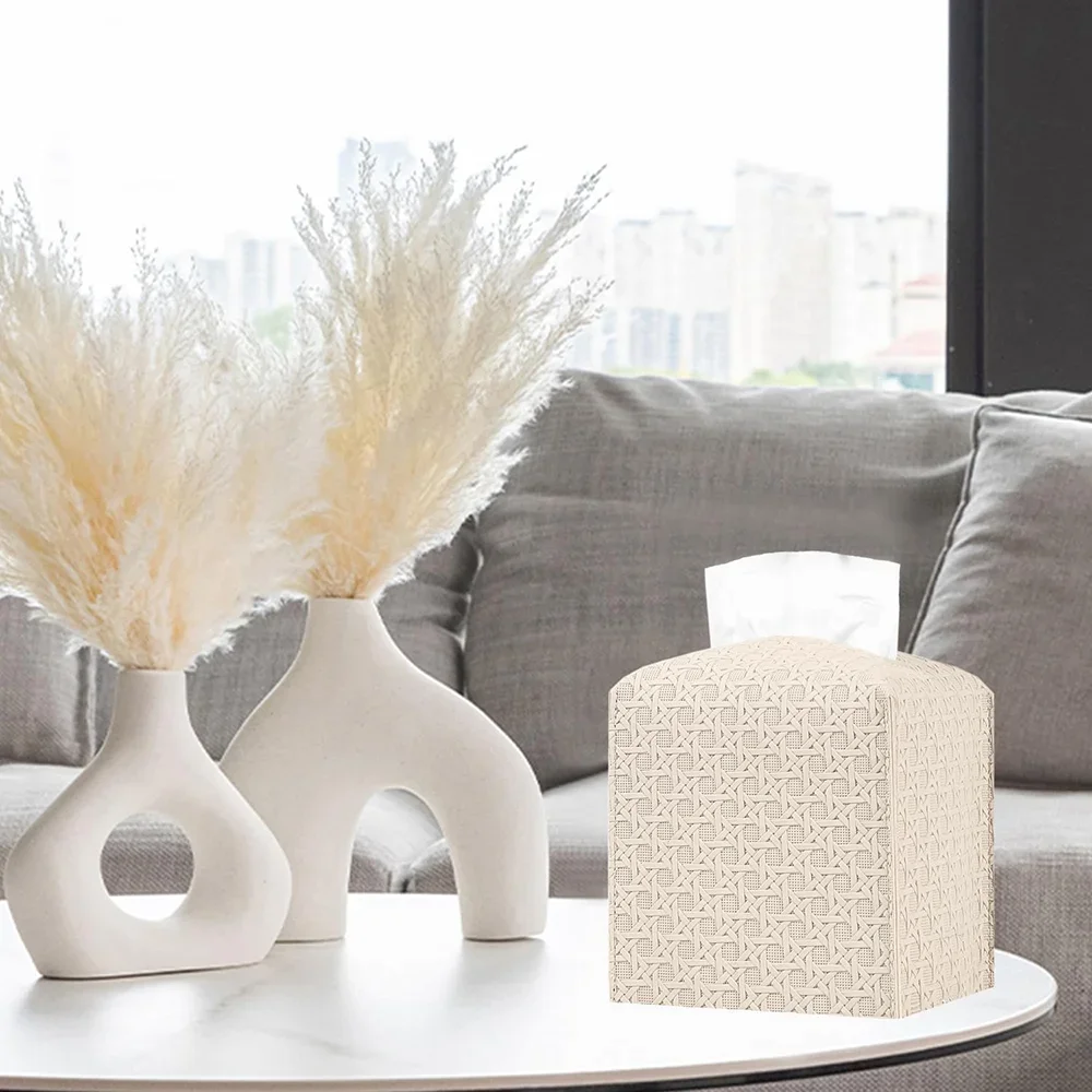 PU Leather Square Tissue Box Rattan Design Large-Capacity Drawer Box Supplies Foldable Tissue Box Cover for Home, Office, Car