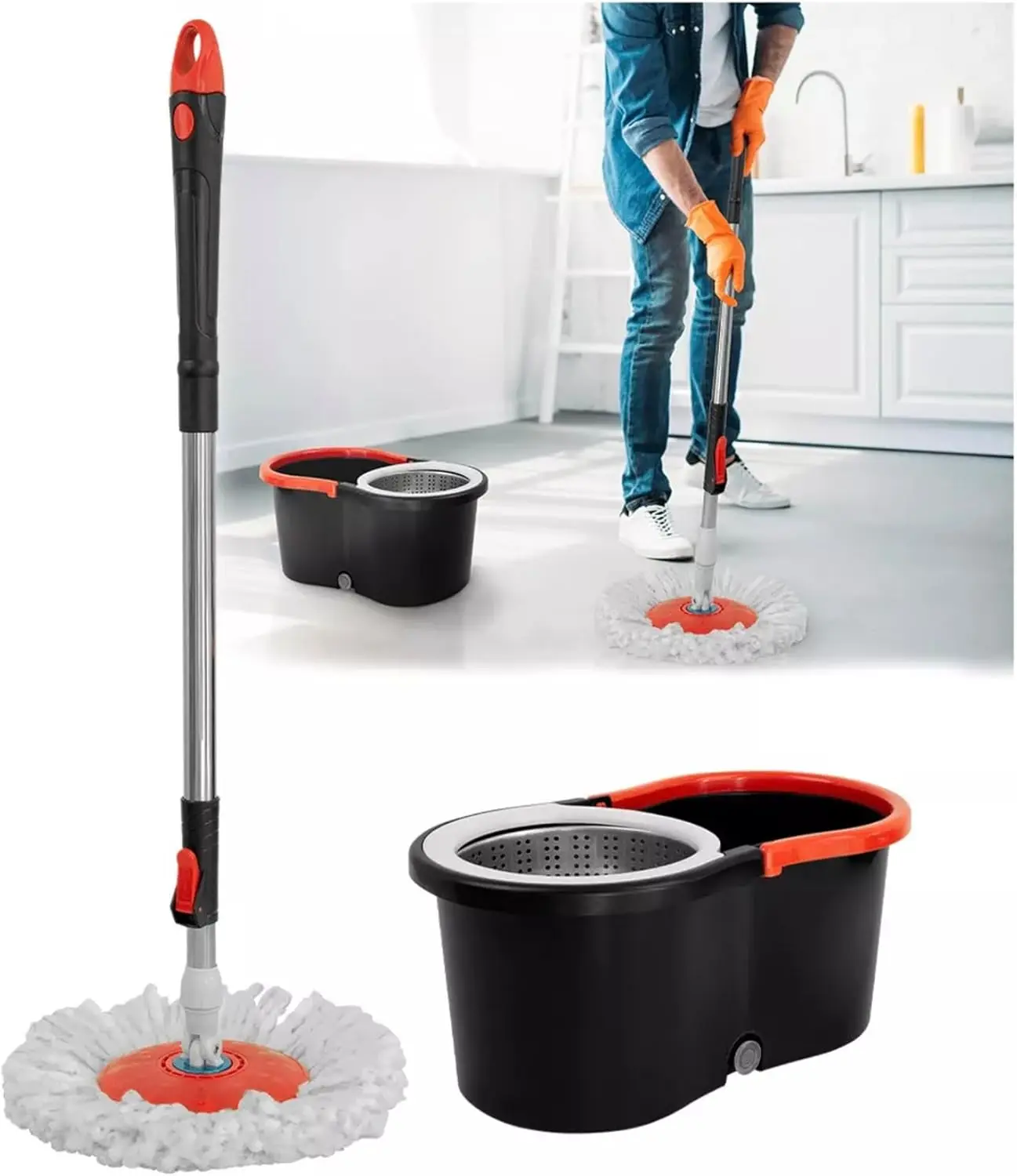 Trapeador con Exprimidor, Cubeta, Mopa Giratoria de Microfibra, Mágico para Limpieza (Negro)