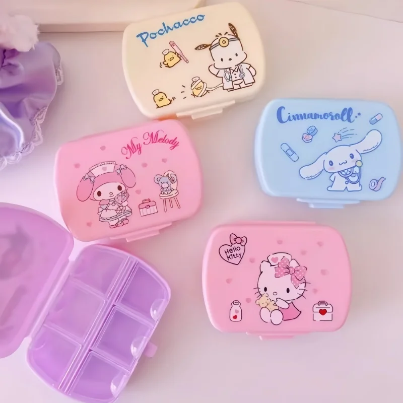 Cartoon Sanrio Mini Portable Pill Box Kuromi Pochacco Hello Kitty Six Compartments Cute My Melody Cinnamoroll Storage Box