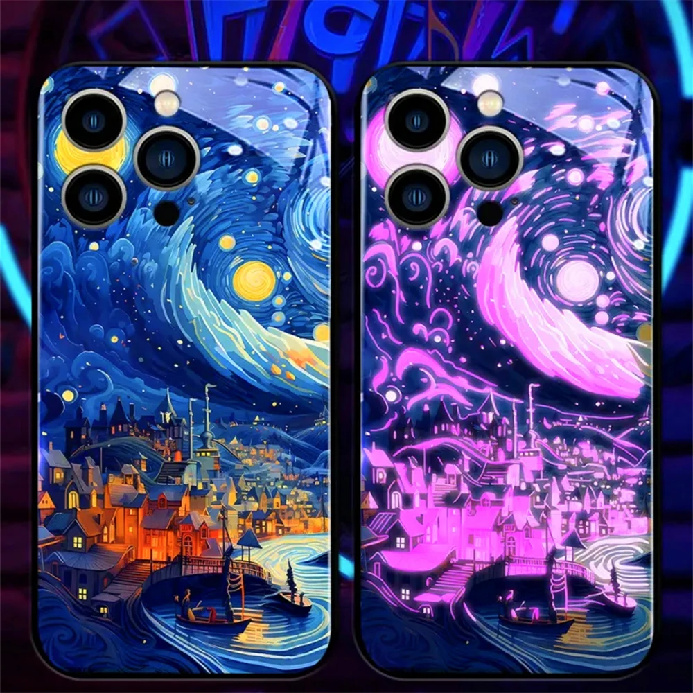 Psychedelic Starry Sky Smart LED Light Up Glass Phone Case Glow Cover For iPhone 16 15 14 13 12 11 Pro Max XR XS Plus 7 8 SE2020