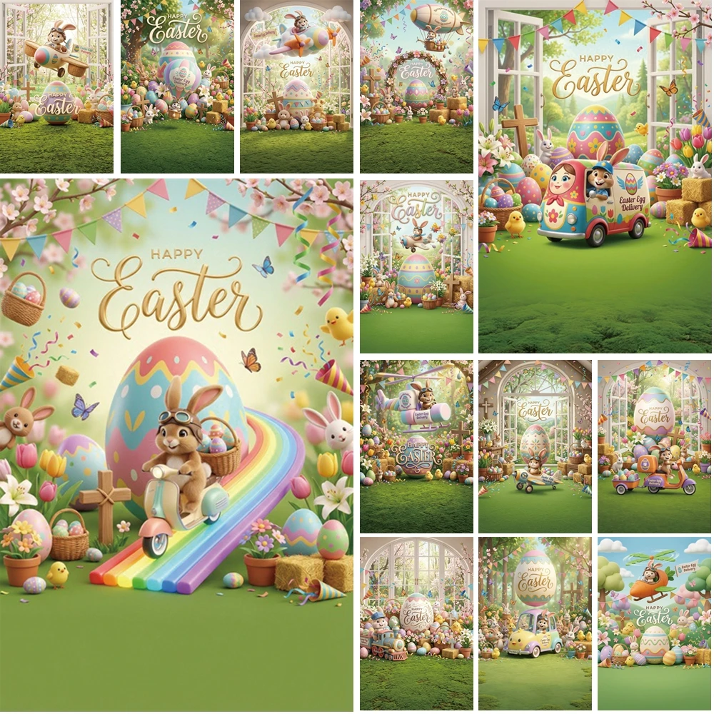 

MOON.QG Happy Easter Banner Backgrounds For Photographs Eggs Rabbit Bus Backdrop Children Photography Photo Studio Shooting
