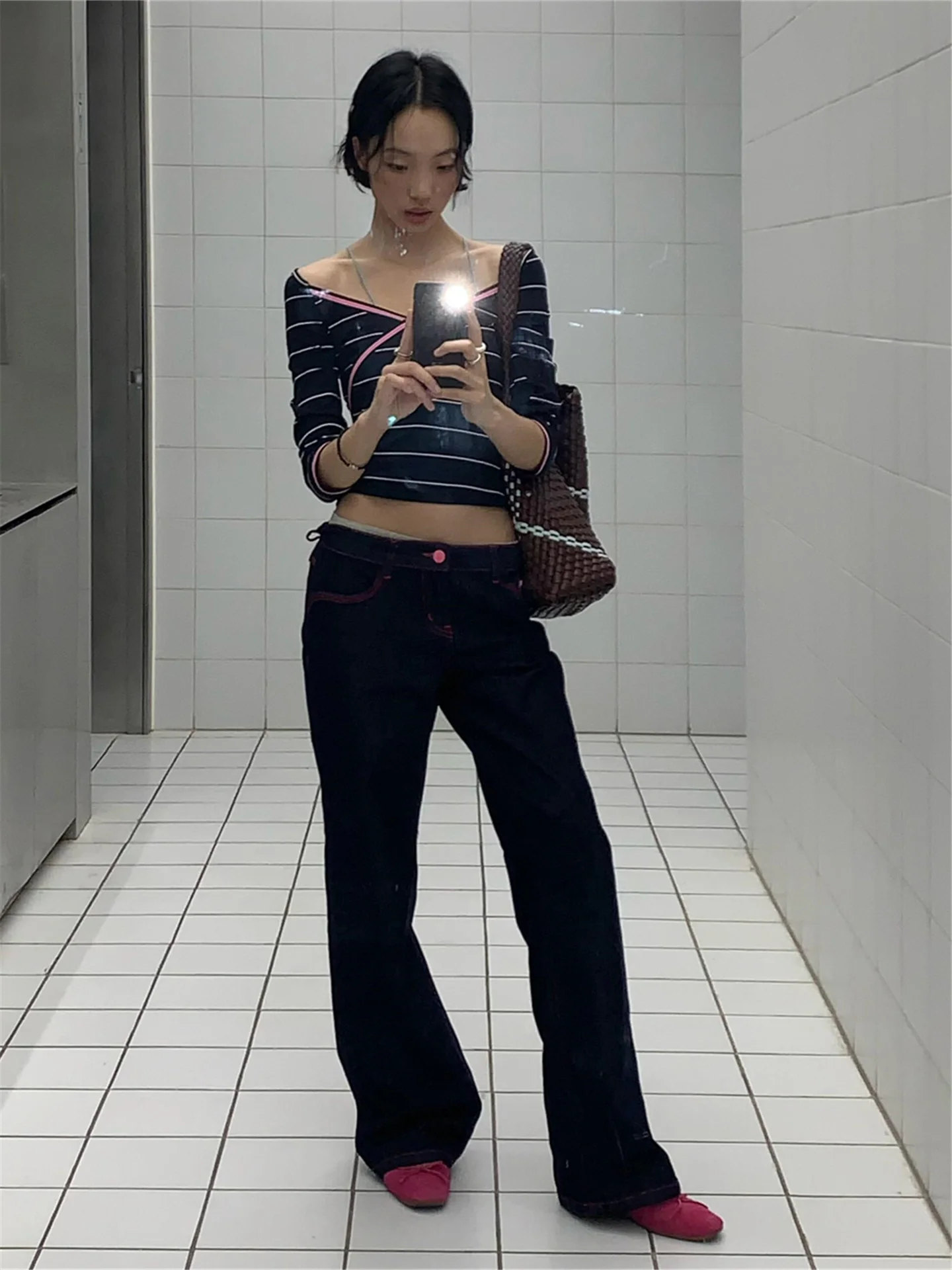 

American Retro Sewing Line Low Waist Wide Leg Denim Jeans Women Loose Casual Slimming Spring Original Cow Straight Casual Pants