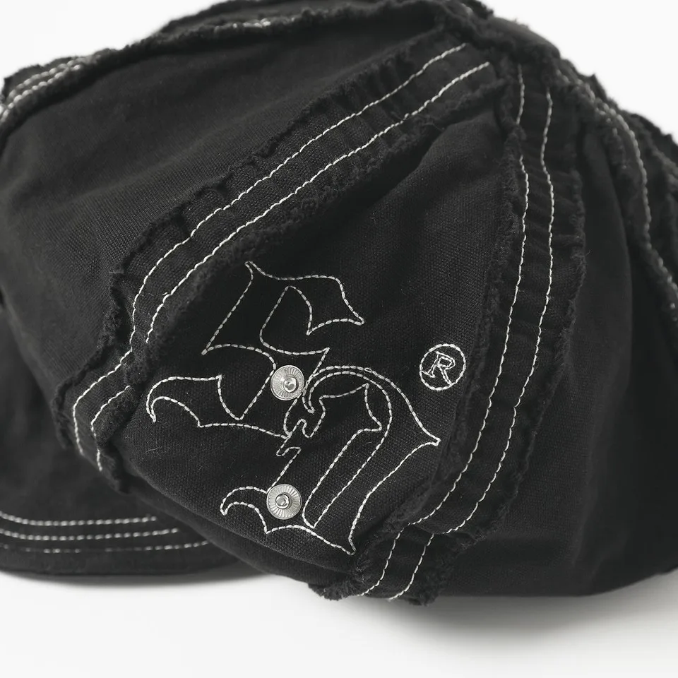 Vintage Distressed Embroidered Painter Hat Black Frayed Edge Octagonal Beret Unisex 100% Cotton Comfortable Round Crown Cap