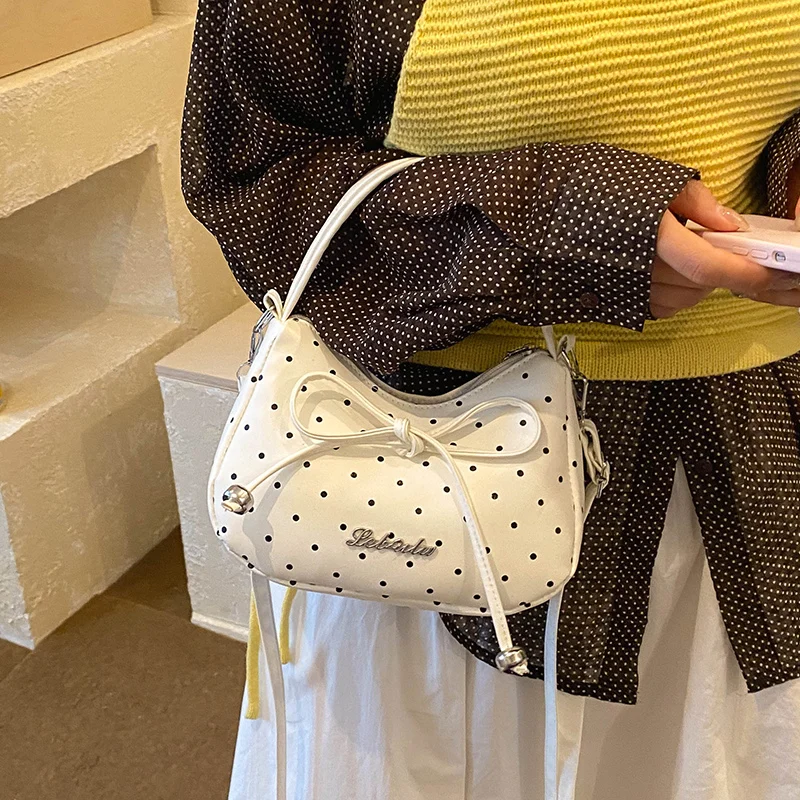 Elegant Polka Dot Canvas Handbag with  Knot Single Shoulder Women's Bag Fashionable Crossbody Bag for Young Women