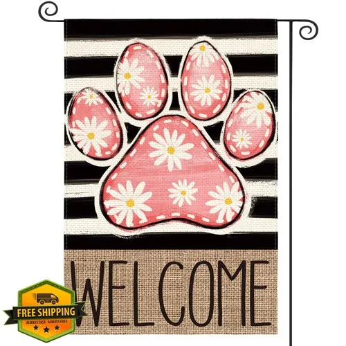 AVOIN colorlife Pink Paw Print Daisy Garden Flag 12x18 Double Sided Yard UUI GGX