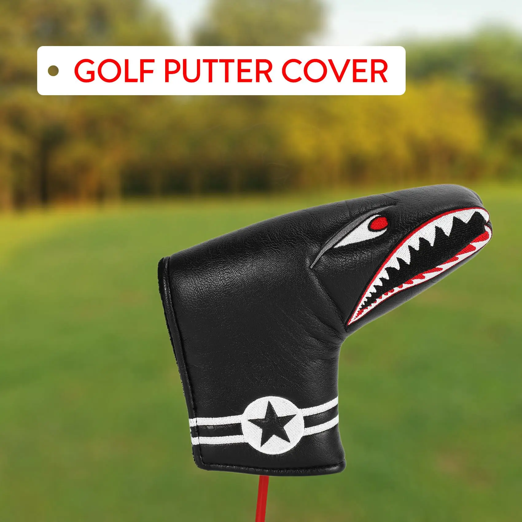 1Pc Black PU Leather with Shark Embroidery Magnet Golf Blade Putter Head Cover Golf Club Putter Headcover