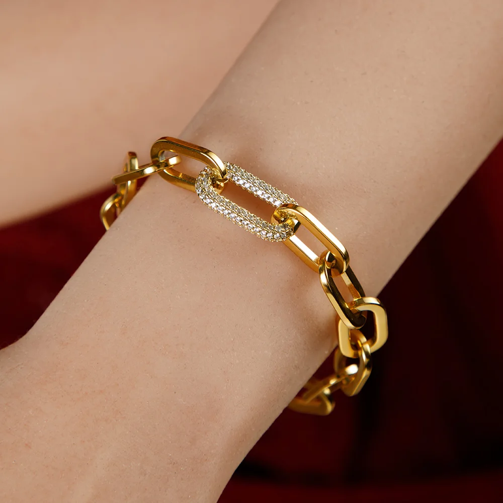 

Fashion Designer Jewelry 18k Gold Plated Statement Stainless Steel Thick Capers Clip Chain Cubic Zirconia Charm Bracelet