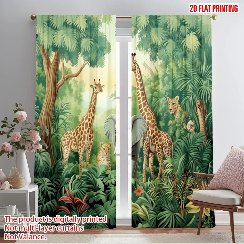 2pcs,2D plane printing Curtain Fabric Jungle Gathering Versatile 100% Polyester (without rod) Art Deco Festive Use for Living