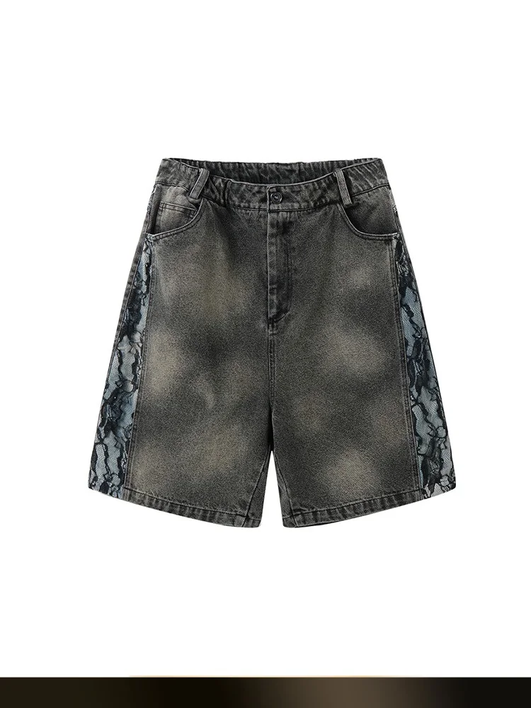 

Retro American Waed Denim orts Men Summer High Street Straight Leg Wide Leg Five-Quarter Pants Casual Cotton Polyester