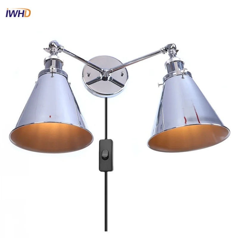 

IWHD Loft Plug in LED Wall Lamps Study Living Room Bedside Lamp Bathroom Mirror Light Industrial Silver Vintage 2 Heads Lighting