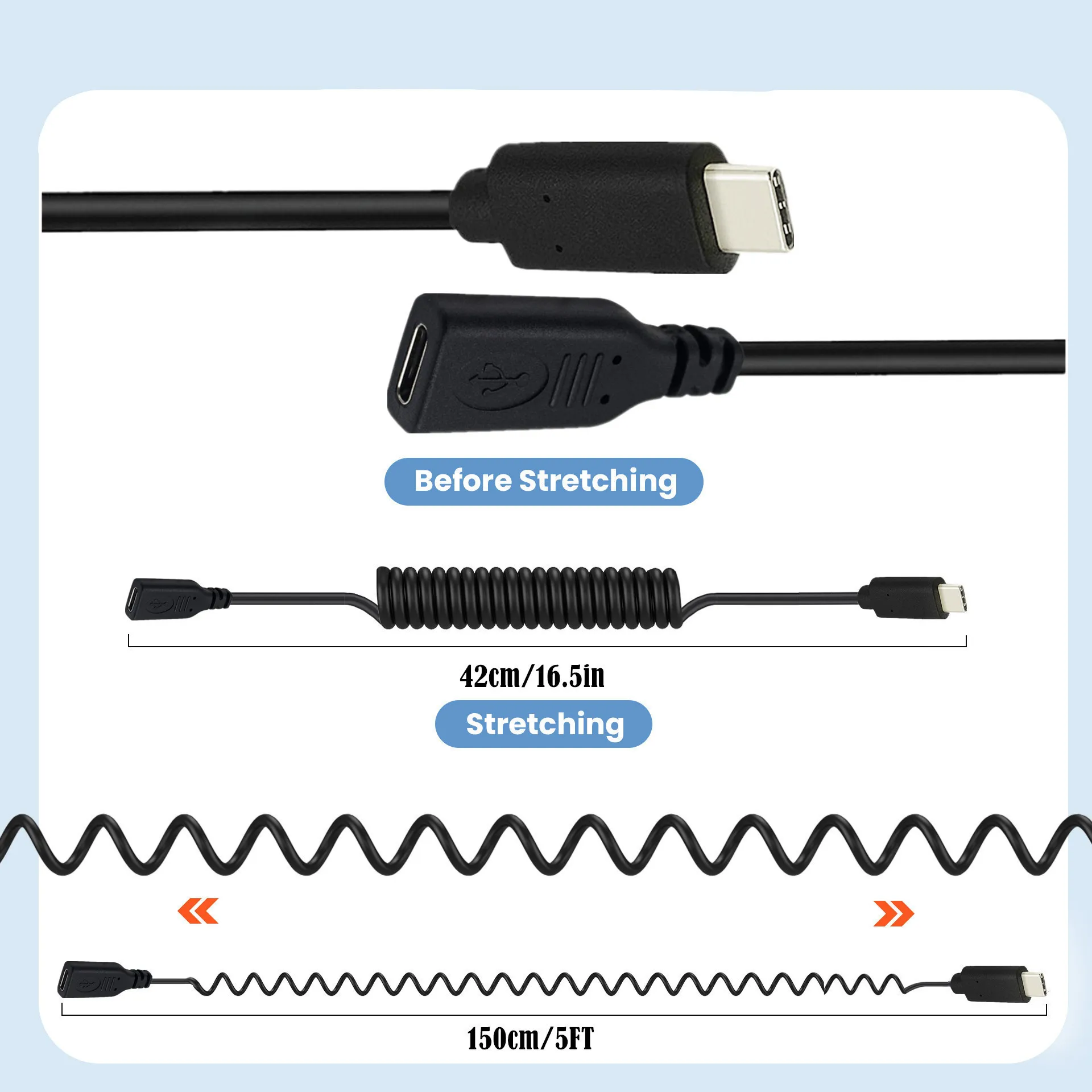 Spiral Coiled U Angled 90 Degree USB-C USB  Type-C Male to Female Extension cable
