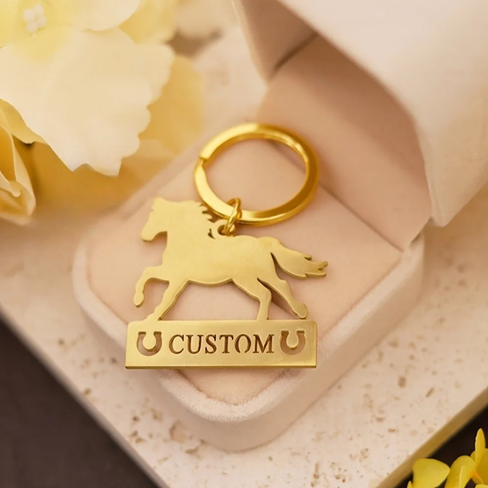 Custom Horse‑Shaped Keychain, Personalized Engraved Stainless Steel Key Ring for Men Women, Gift for Equestrian Lovers, Birthday