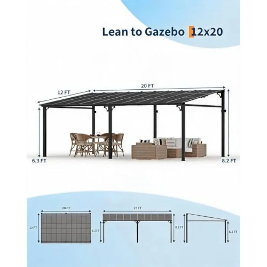 12 Feet x 20 Feet Lean to Gazebo, Hardtop Wall Pergola with Polycarbonate Roof, Aluminum Frame Mounted Gazebo for Lawn Patio De