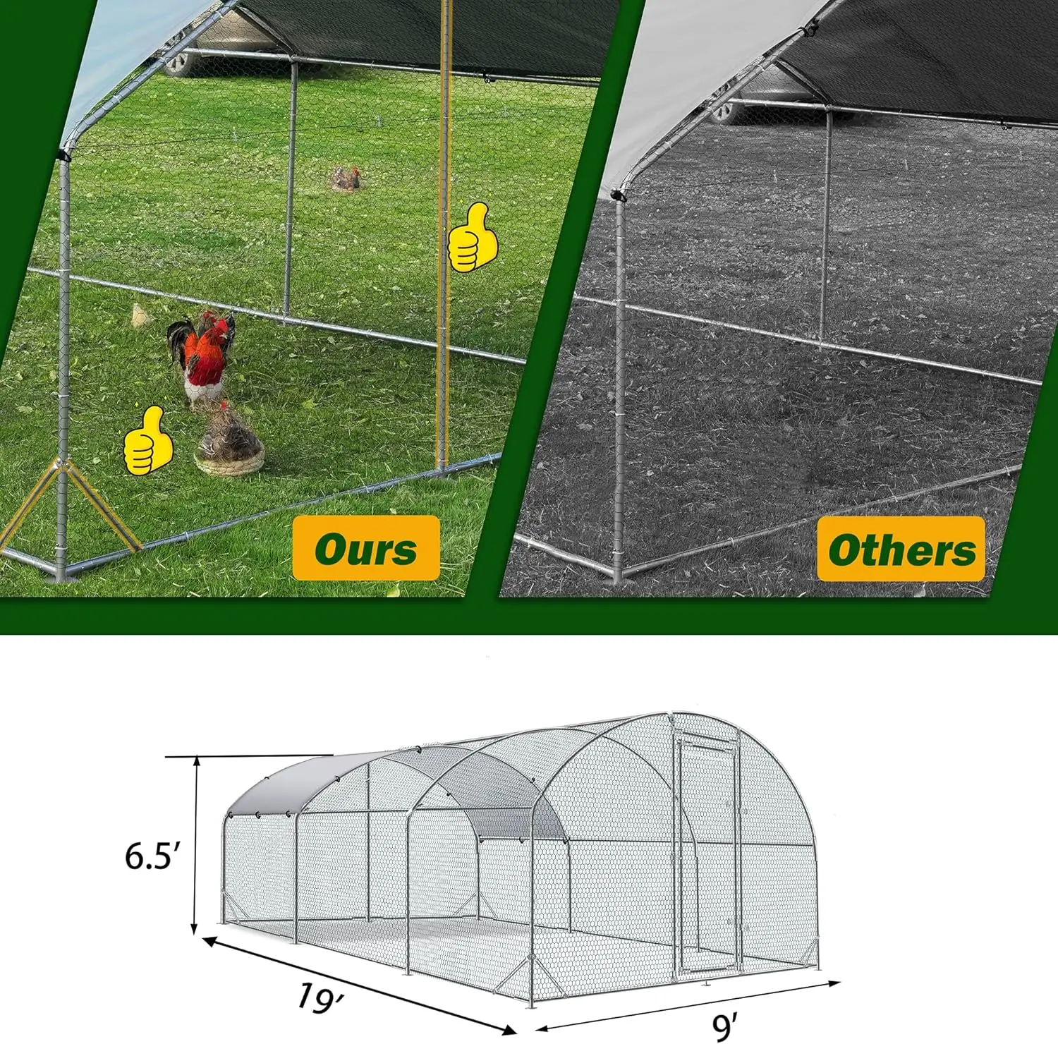 Large Metal Chicken Coop Upgrade Tri-Supporting ,Chicken Pen with Water-Resident,Duck Rabbit House Outdoor(9'W x 19'L x 6.5'H)