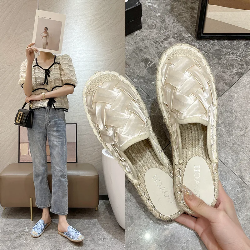 Low Rubber Flip Flops Loafers Female Shoes Flower Slippers Casual Slides Hawaiian 2023 Luxury Flat Round Toe Hoof Heels Fabric B