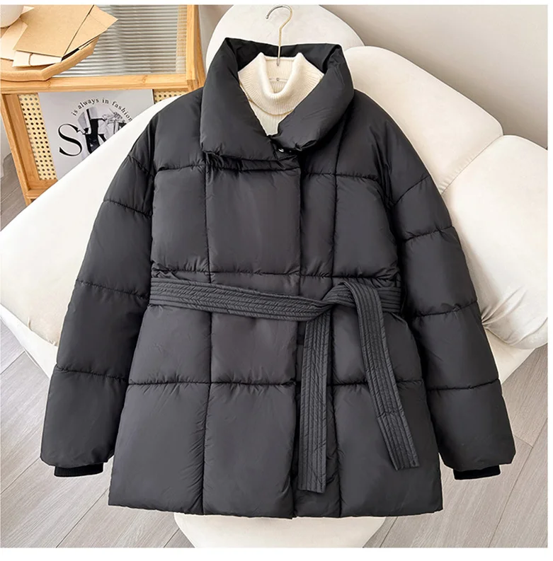 Advanced with Waist Cinching Tie Up Black Cotton Jacket Women's 2026 Winter New Korean Version Stand Collar Coat Female Parkas