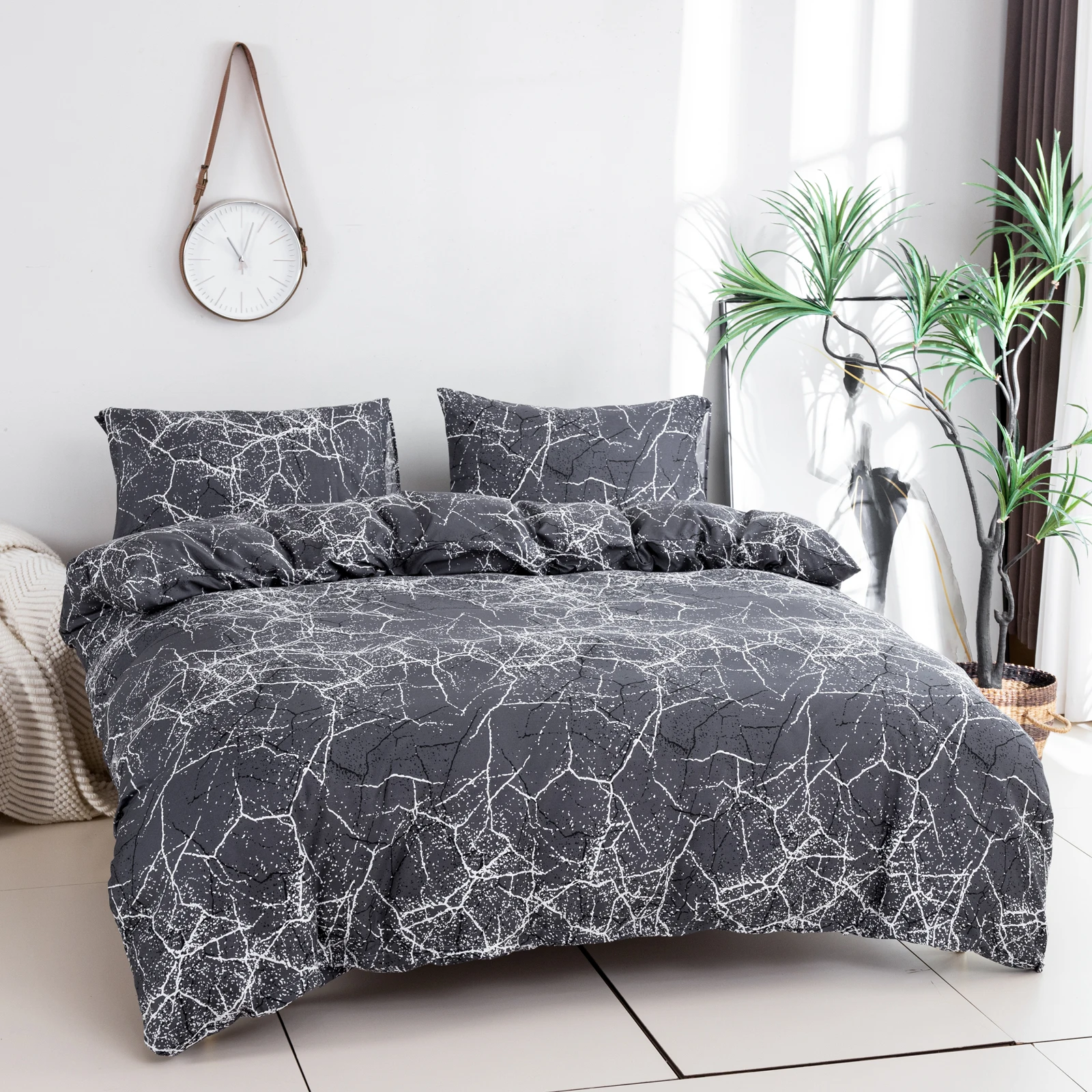 2 Pillowcases + 1 Duvet Cover, Polyester Fiber Black and White Marble Pattern Printed Bedspread 3-Piece Set, Ultra-Soft and Comfortable Polyester Breathable Bedding Duvet Set, Suitable for Bedrooms and Guesthouses (Bedspread + Pillowcases, Without Quilt and Pillow Insert) Zipper Style Duvet Cover + Pocket Pillowcase
