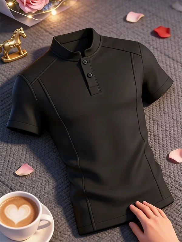 White Heavyweight Structured  Shirt Men Summer High-End Feel Henry Collar T-Shirt American Correct Shoulder Short Sleeve