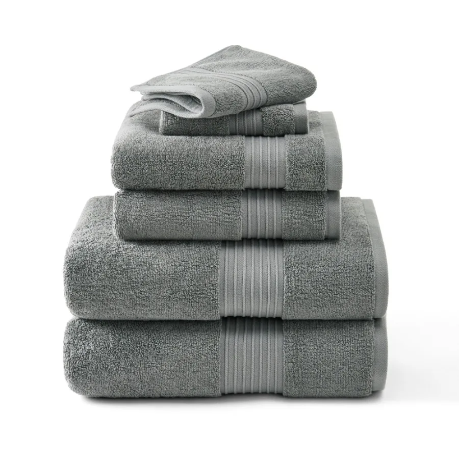 EVERYDAY 6-Piece Assorted Solid Dobby Border Set 2-Bath Towels 2-Hand Towels 2-Washcloths 100% Cotton Plush and Absorbent 650GS