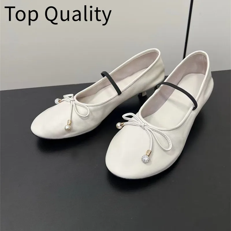 Women's fashionable genuine leather ballet shoes with pearl strap design simple retro shallow mouth strap and follow-up shoes