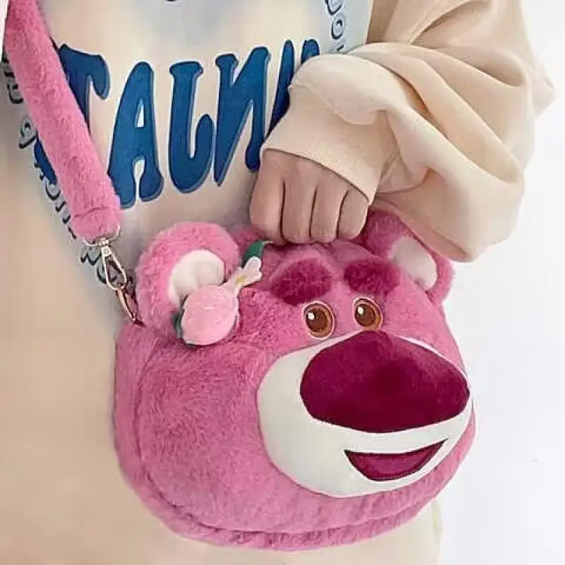 24CM Kawaii Anime Cute Disney Lotso Plush Cartoon Doll Handbag Girl Crossbody Bag Plush Storage Bag Coin Purse