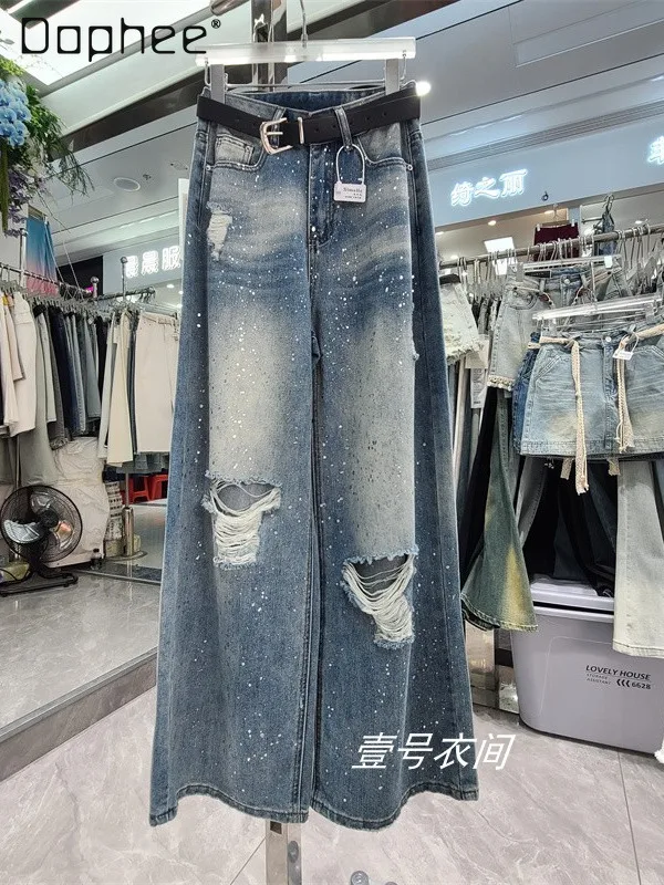 

2025 Spring New American Retro Ripped Jeans for Women Spice Girls Old Wide-leg Pants Y2K Punk Style High Waist Slim Baggy Jeans
