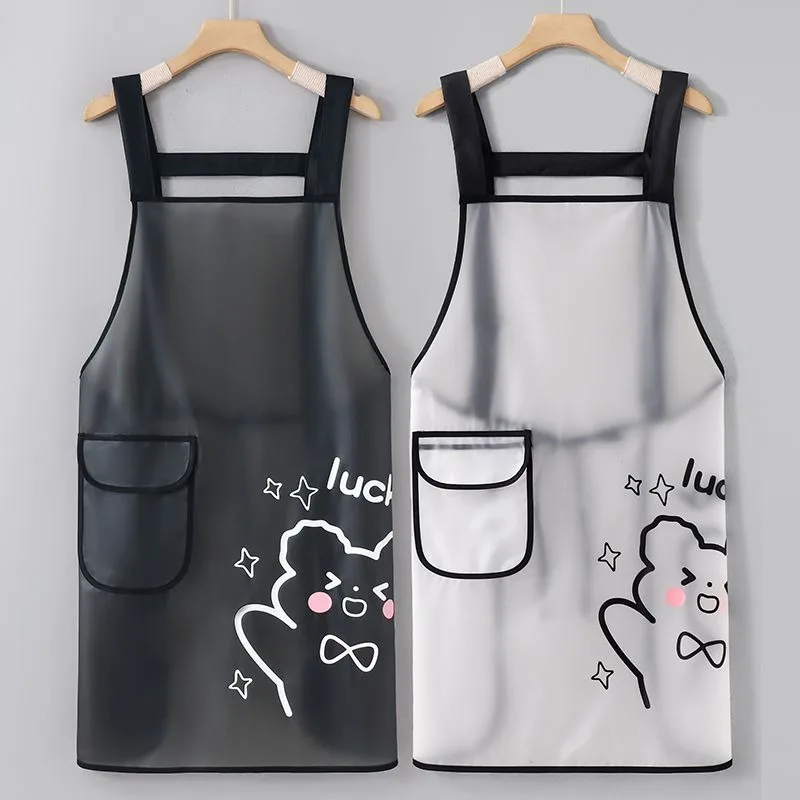 Oil-proof Waterproof Apron with Pocket Kitchen Cleaning Cute Bear Printing Apron Coffee Studio Cooking Apron Women Clear Uniform