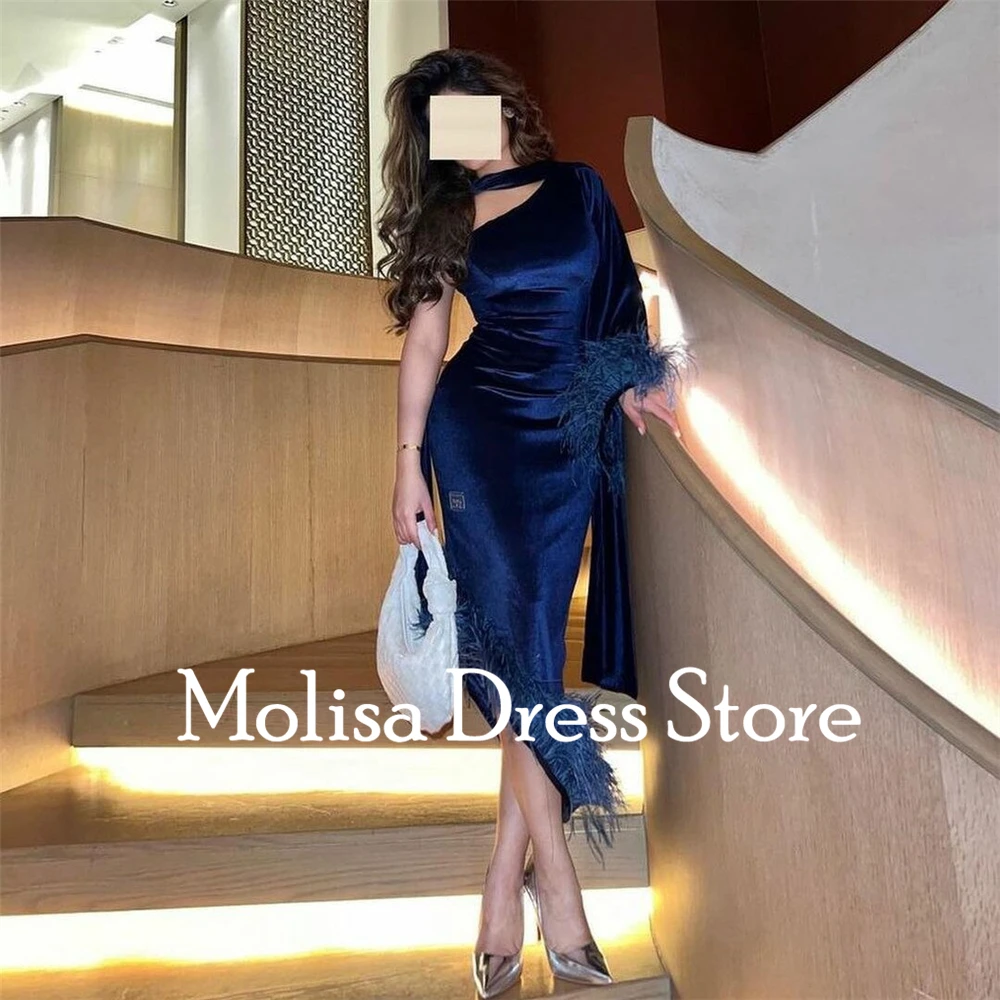 Retro Royal Blue One Shoulder Feather Velour Mermiand Formal Occasion Prom Dresses Slit Tea-length Women Evening Party Dress