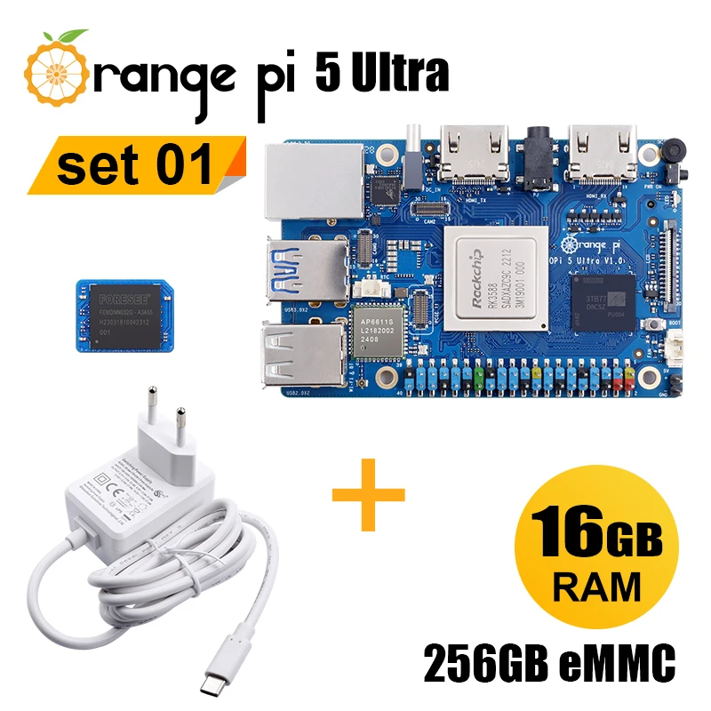 VivaChip TechOrange Pi 5 Ultra 16GB Single Board Computer Sets With 256GB EMMC Module And 5V5A Type-C Power Supply, 3ps Sets