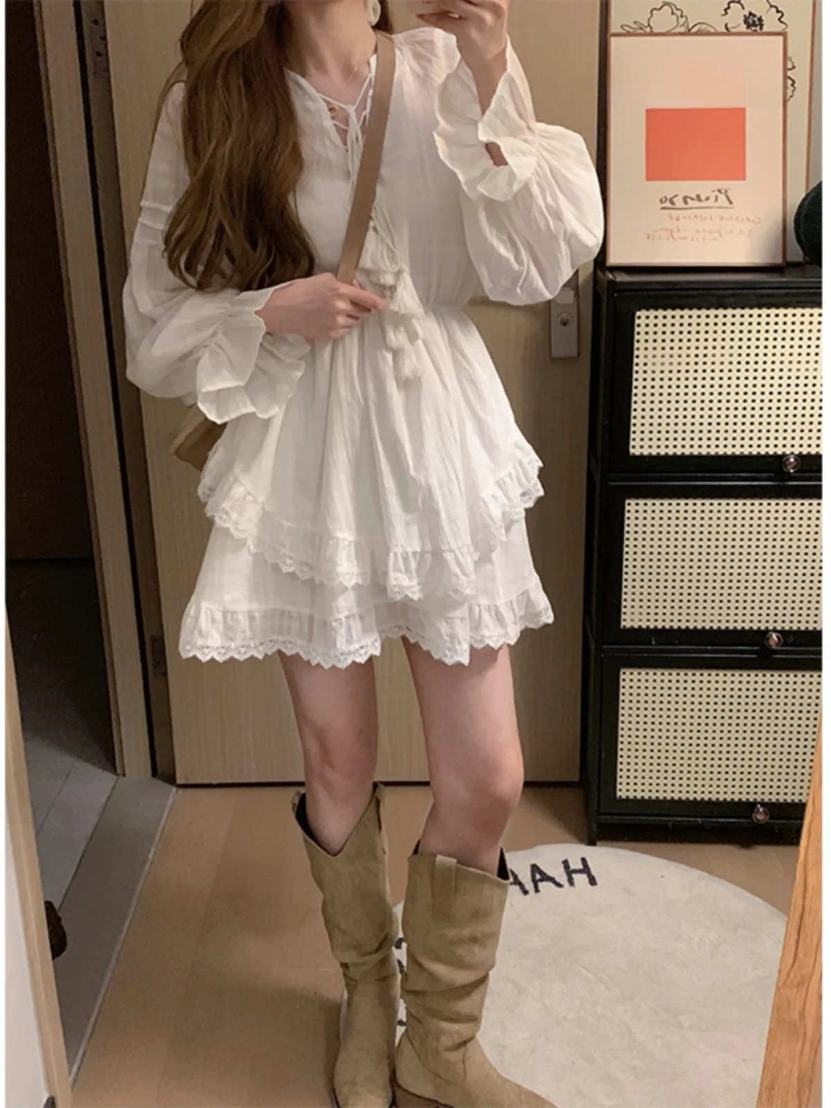 Summer Large Size White Texture Women's Dress Asymmetrical Hem Slimming Lace Trim Cake Skirt French Style High Waist Long Sleeve