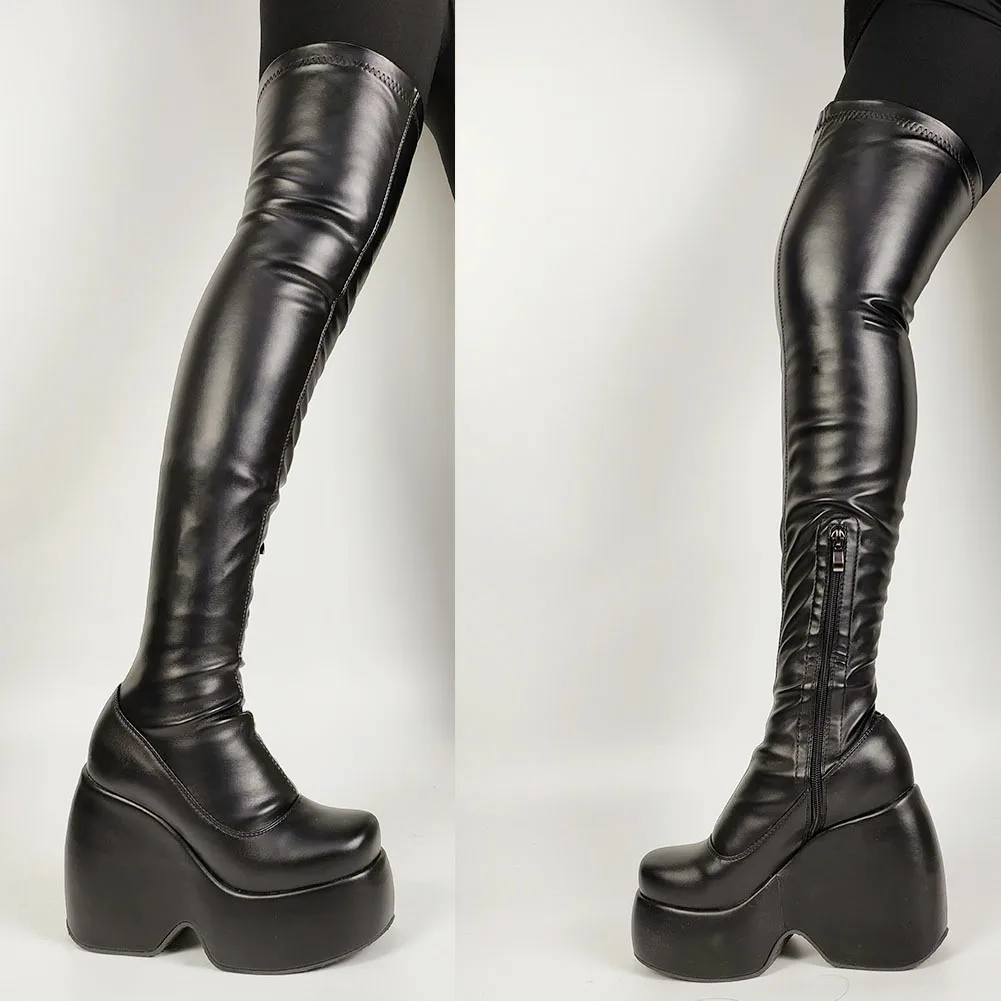 DORATASIA Female Motorcycle Boots High Wedges Black Zipper Platform Thigh High Boots INS Brand Cool Fashion Punk Gothic Shoes