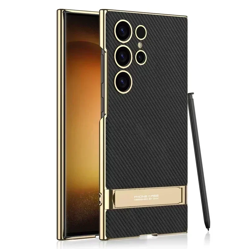 For Samsung Galaxy S24 Ultra S23 Ultra Bracket Case GKK Quality Electroplating Leather Camera Protection Phone Cover