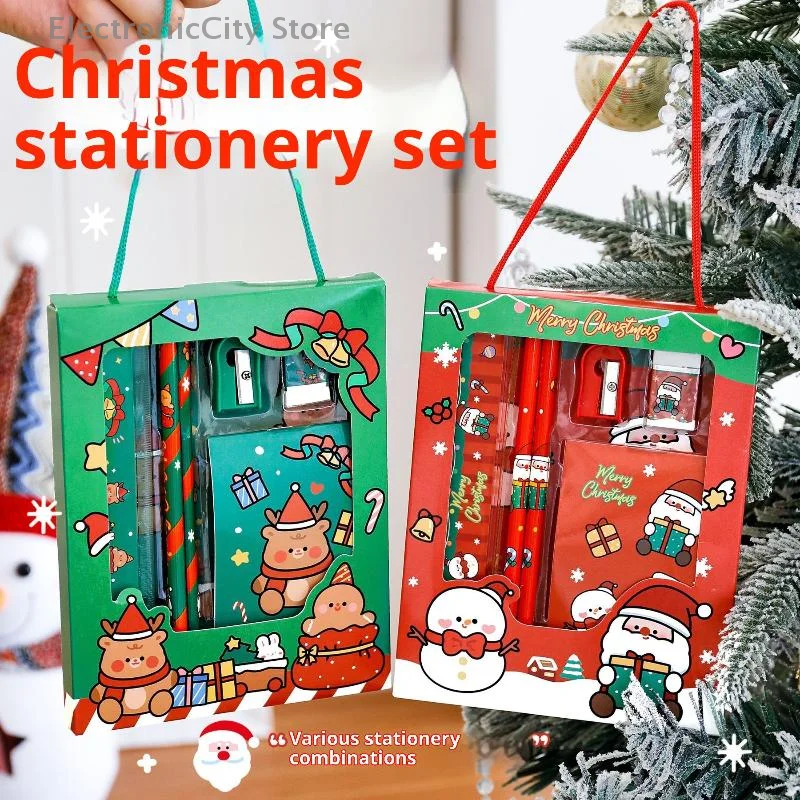 6Pcs Cartoon Christmas Pencil Sharpener Erasers Pencils Rulers Kawaii Children Stationery Set School Stationery Supplies