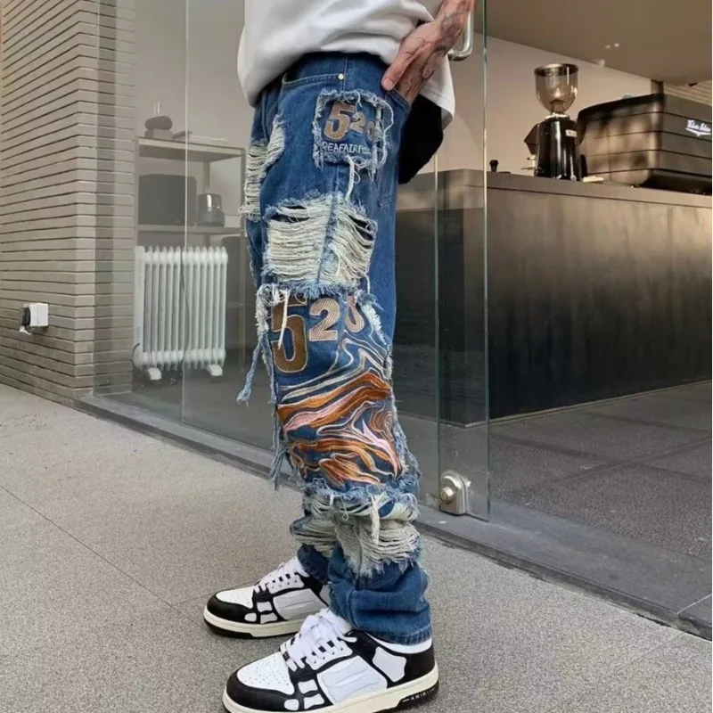 American high street ripped embroidered jeans for men and women street retro personality all-match trendy straight-leg pants