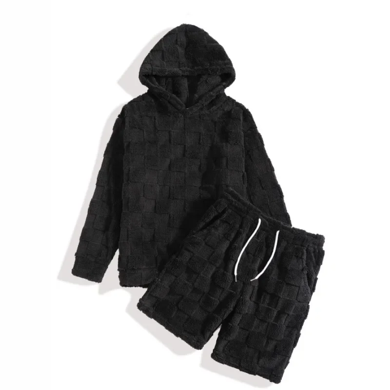 

Шорты с длинными рукавами и круглым вырезом, квадратные клетчатые пушистые персонализированные комплекты из двух предметов, осенне-зимний новый тонкий повседневный мужской комплект