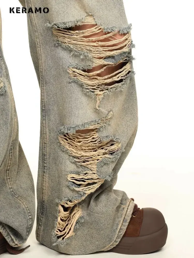 2024 Zomer Grunge Vintage Gescheurde Harajuku Losse Pasvorm Jeans Y 2K Holle Wijde Pijpen Trashy Broek Dames Club Denim Broek