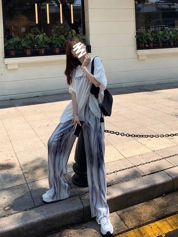Trendy Tie Dye Wide Leg Pants for Women Paper Bag Waist High Waist Casual Trousers Long Length - view 3