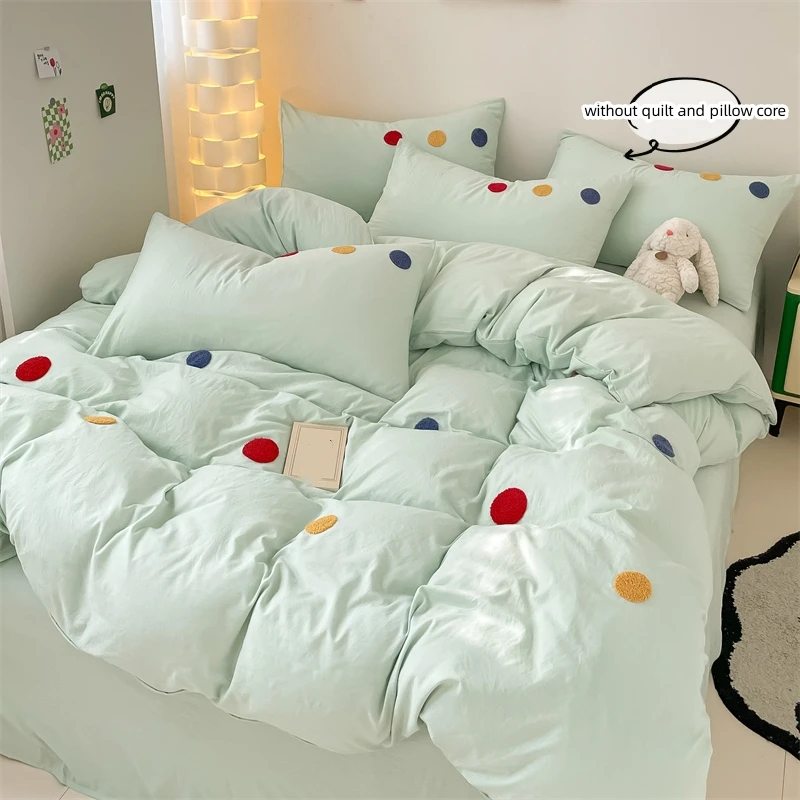 

3pcs yellow green Duvet Cover Set (1*Duvet Cover + 2*Pillowcase, Without Core),Dot embroidery Bedding Set, Soft Comfortable