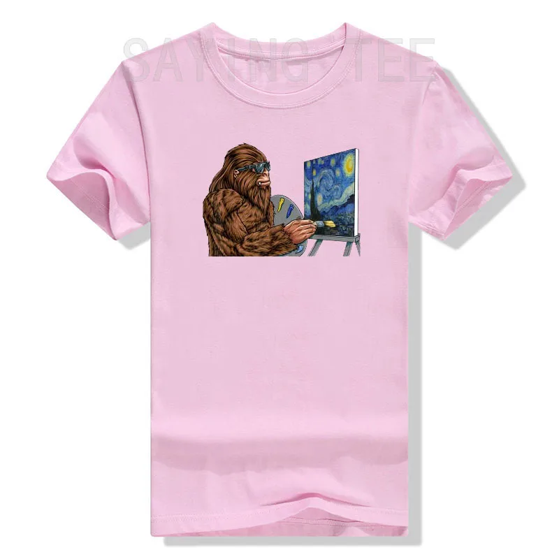 Starry Night Bigfoot Painting - Funny Sasquatch Graphic Art T-Shirt Cute Graphci Tee Tops Novelty Streetwear Aesthetic Clothes