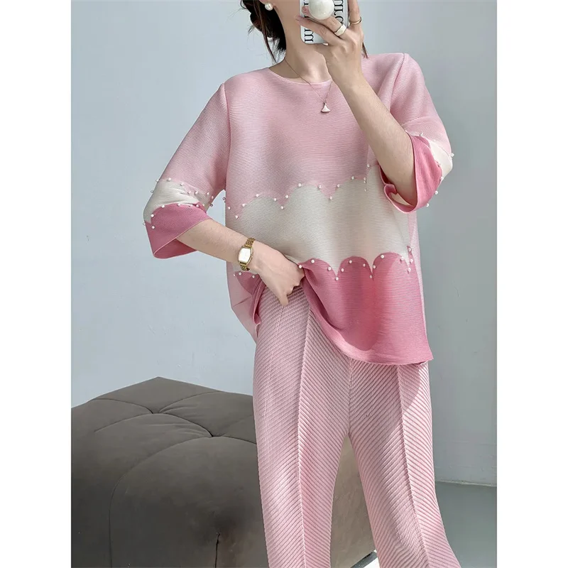 

2025 New Color Fashion Matching Beaded Tee Shirts Women Round Neck Loose Top Summer Five-Point Sleeve Pink T-Shirt Female