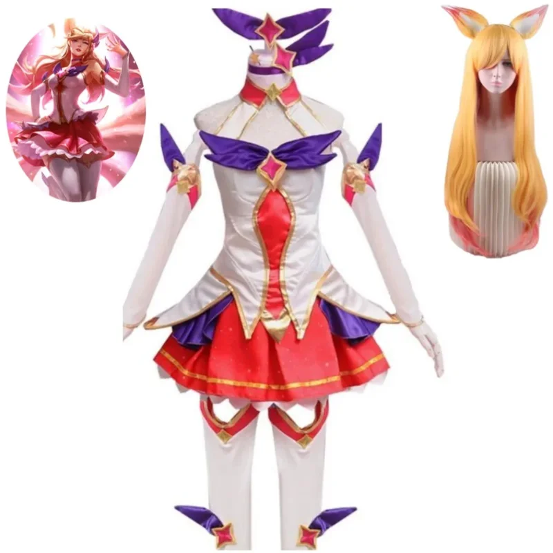 Игра LoL Star Guardian Ahri The Nine-Tailed Fox Косплей Костюм Парик Аниме Сексуальная Женщина Топ Юбка Хэллоуин Карнавальный Костюм Партии