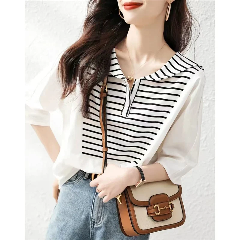 Women Summer Fashion Sailor Collar Striped Printed Patchwork Short Sleeve Loose Blouses Tops Casual Sweet Street Shirts Clothing