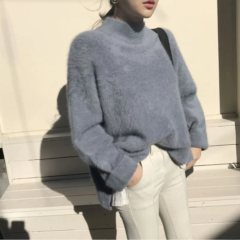 Sweater wanita kerah setengah tinggi, Sweater Pullover tebal elegan Chic warna murni, beludru imitasi trendi musim dingin baru