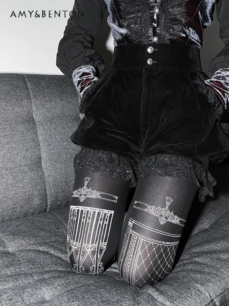 Subculture Lolita Printed Silver Foil Goth Socks Pantyhose 120d Velvet Lolita Dark Girl Punk Style Printed Sexy Pantyhose Stock