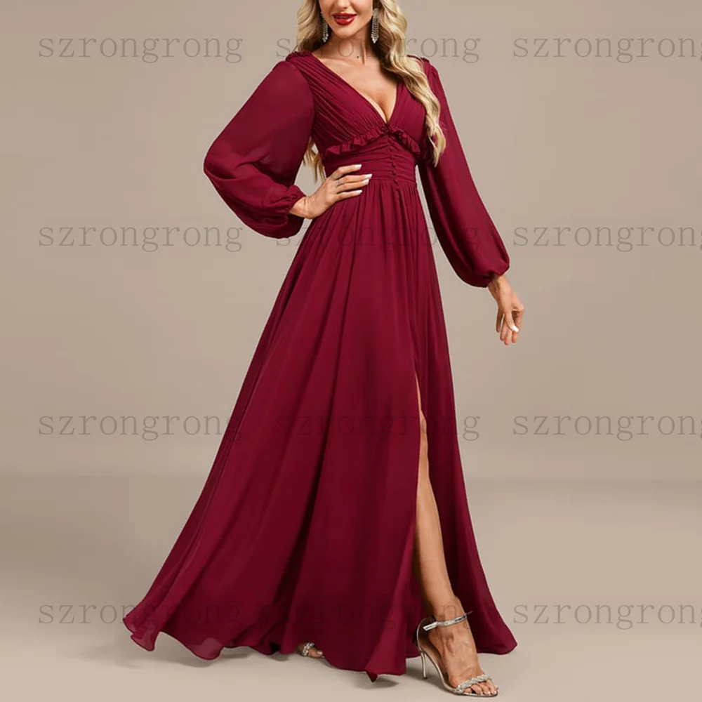 التخصيص الخامس الرقبة فساتين السهرة الطية الجانب الشق كم كامل ثنيات Ruched الشيفون فستان حفلات بسيط طويل فستان وصيفة الشرف