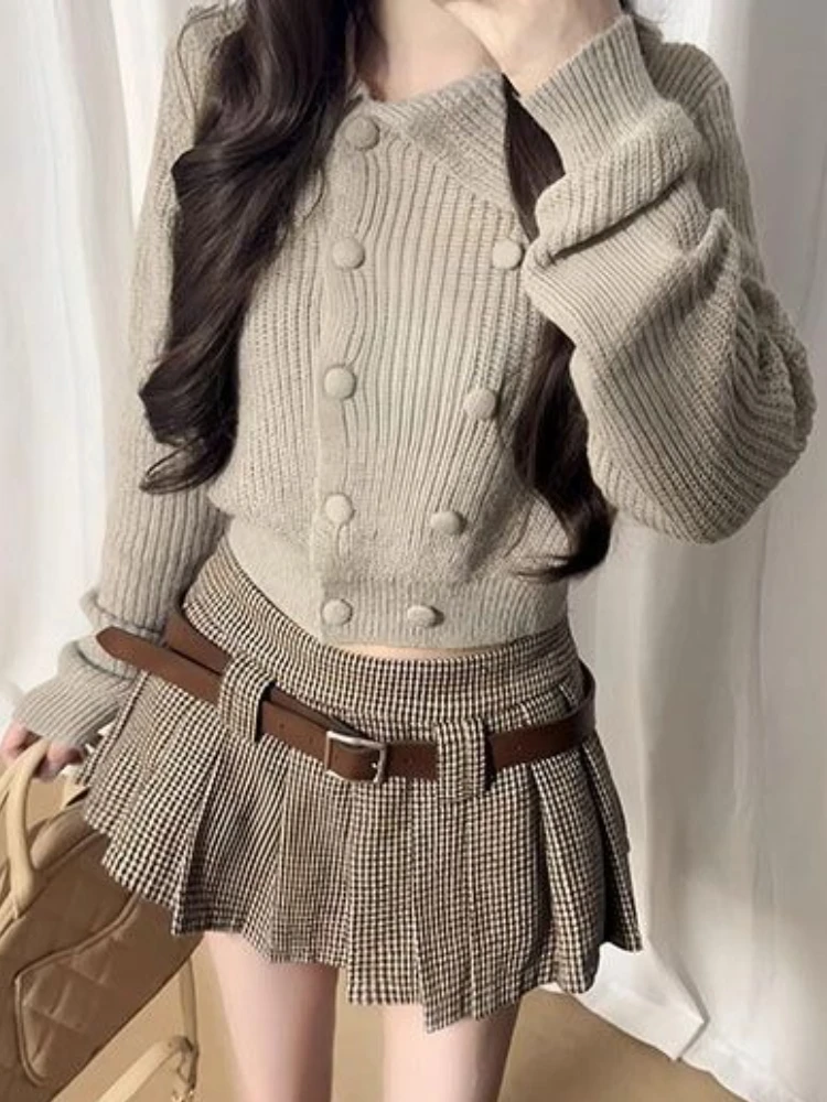 Outono winrer doce quente menina 2 peça conjunto feminino casual curto malha cardigan + y2k xadrez mini saia elegante moda saia ternos novo