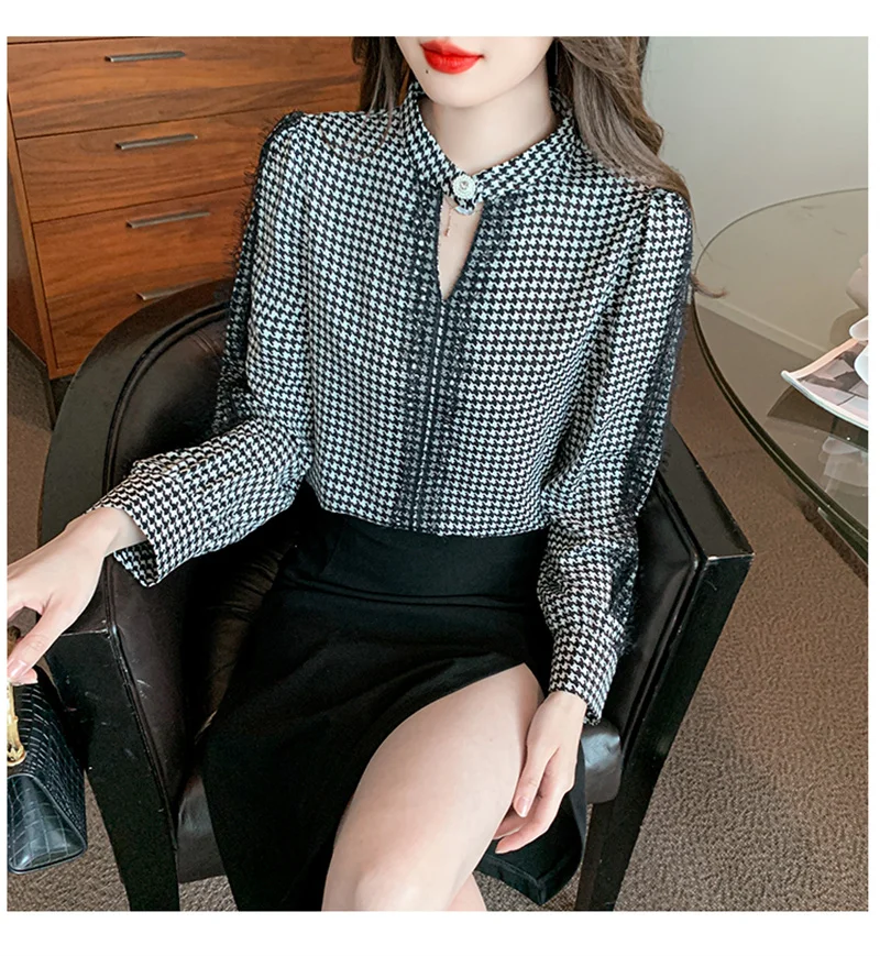 FANIECES High Quality Women Blouses Pullover Tops Elegant Stand Collar Vintage Houndstooth Print Long Sleeve Chiffon Lace Shirt