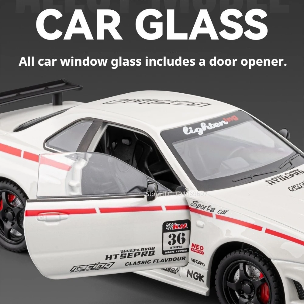 1:24 Alloy GTR-R34 EVO9 Models Cars Diecast Toys Doors Opened Miniature Supercar Wheels Turned Vehicles for Kids' Edutainment